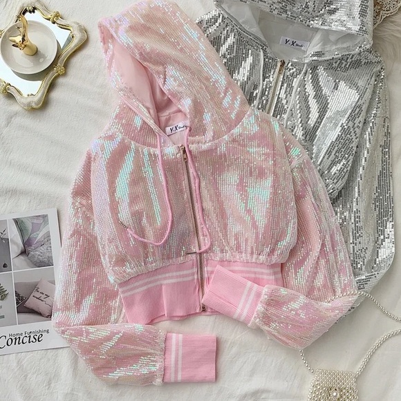 Sequin hoodie bomber jacket shiny sparkle pink black white stripe sporty… - Picture 6 of 8